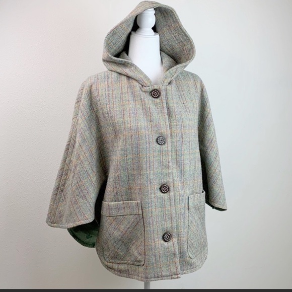 PAUL & JOE for TARGET TWEED, PLAID CAPE STYLE BUTTON FRONT PONCHO W HOOD, SZ S/M - Picture 3 of 17